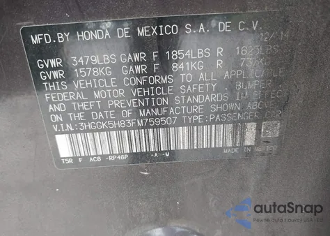 2015 Honda Fit Ex/Ex-L z USA, uszkodzony, nr VIN 3HGGK5H83FM759507